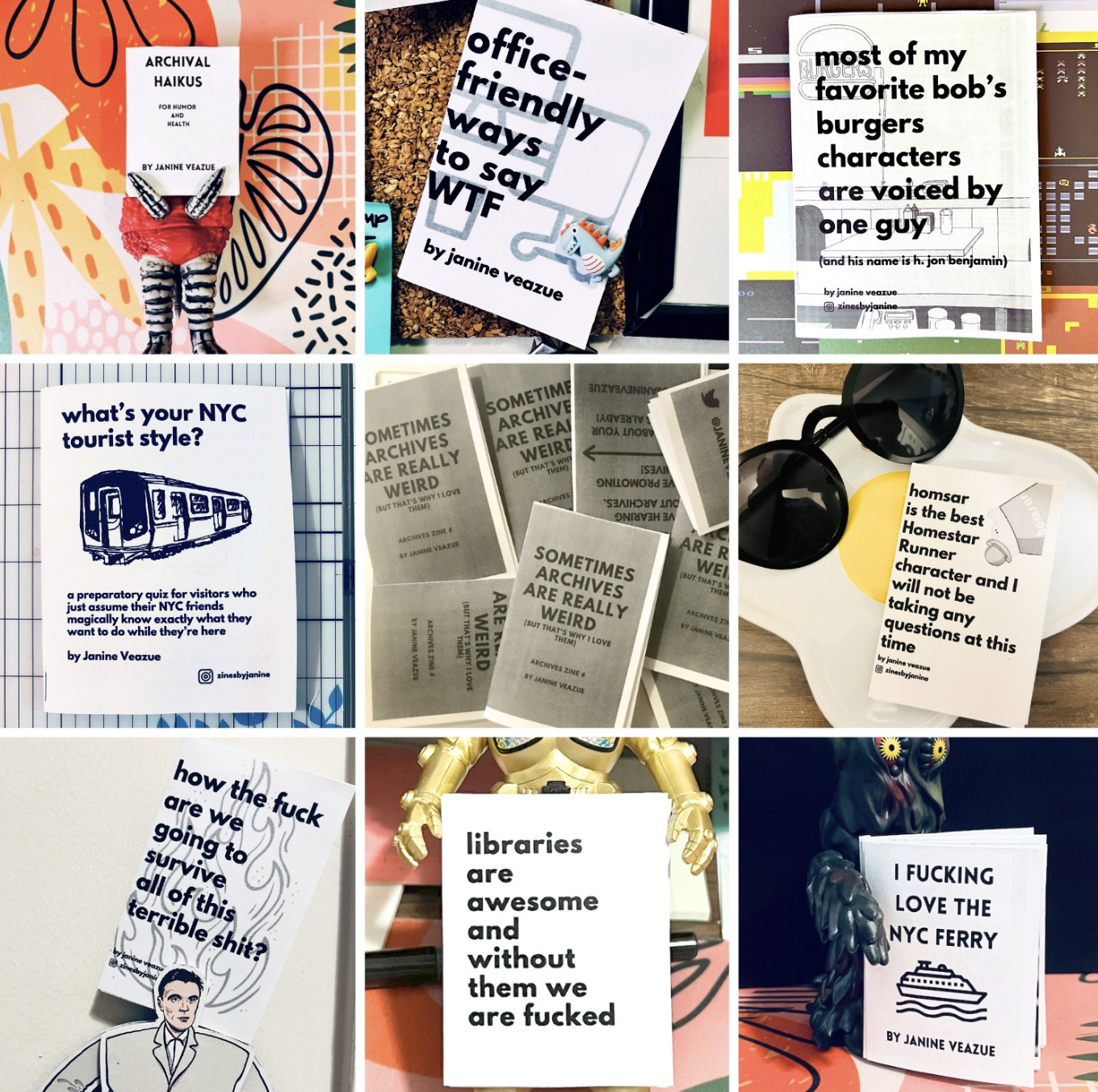 a three by three grid collage of black and white zines and mini zines, many of which include colorful backgrounds