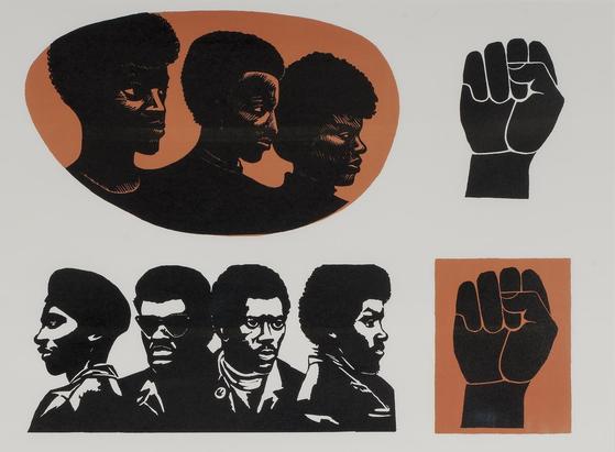 A detail of Elizabeth Catlett’s lithograph “Homage to the Panthers.” It uses black and orange ink to create portraits of members of the Black Panthers as well as two raised fists (one on top of the other).