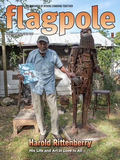 September 9, 2026, cover of Flagpole magazine, featuring a photograph of artist Harold Rittenberry holding a copy of the book on his work in his right hand and the wrist of his large metal sculpture “The Byzantine Knight” in his left hand.
