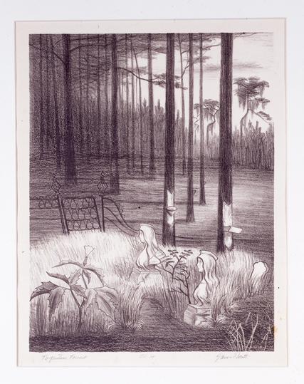 A black-and-white lithograph by James Routh that shows a turpentine forest, likely in south Georgia or in Florida. Tall, skinny, straight trees, with branches mostly way up high and out of frame, stand spaced evenly from one another, part of their bark peeled off to allow access to the turpentine. In the foreground, a few classical-looking stone busts of women with long hair sit on the ground, in some long grass.